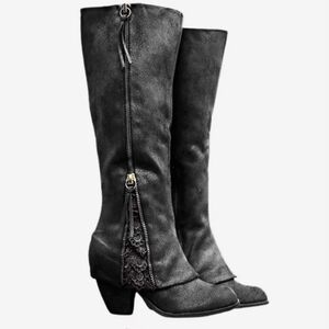 New Leather and Lace Women's Black Knee High Heeled Boot W/ Tassel